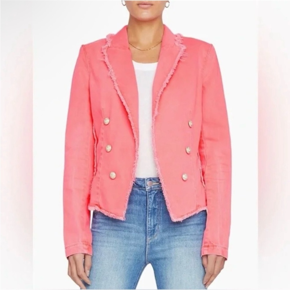 L’Agence Wayne Denim Crop Fray Double Breasted Jacket Pink Coral Size XS New